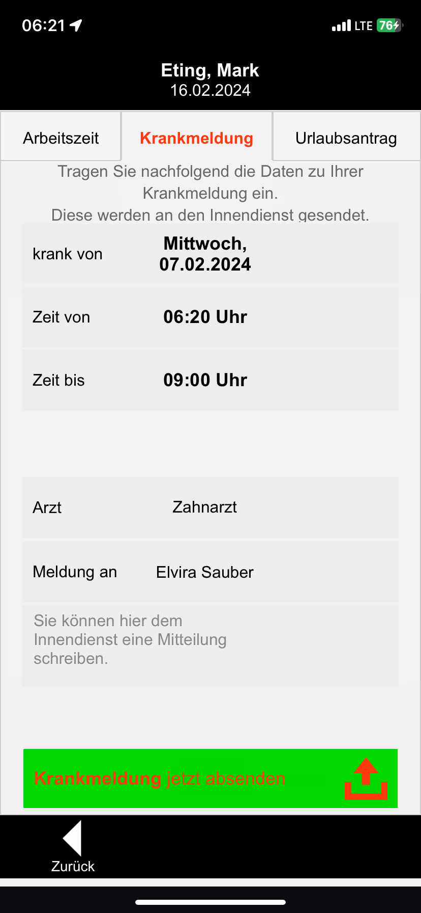 Arzttermin an Innendienst senden
